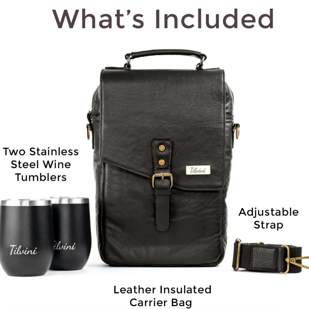 Tilvini Black Genuine Leather Insulated Wine Bag & Tumbler Set NWT - Picture 7 of 11